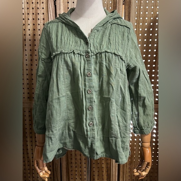 Free People Olive Army Green Hooded Jacket Button Down Shirt Top - Picture 3 of 6